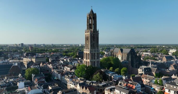 the Dom Tower in Utrecht, The Netherlands. Aerial drone video