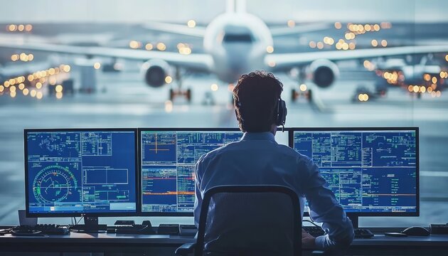 Air Traffic Controller Monitors Flight Data on Multiple Computer Screens in Airport Control Tower