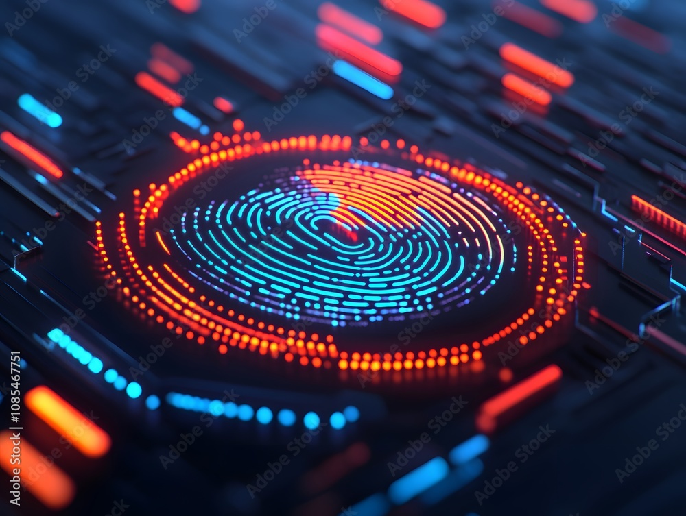 Poster Abstract Digital Background with Colorful Circular Pattern of Lights and Lines, Representing Data, Technology, and Cybersecurity Themes in Vibrant Blues and Reds