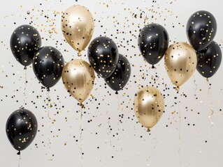 Elegant black and gold balloons float against a white background, creating a celebratory atmosphere. Confetti adds to the festive mood.