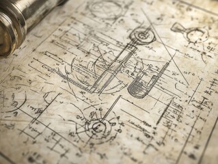 Aged blueprints and a spyglass rest on a weathered surface, hinting at forgotten inventions and adventurous explorations.  A sepia-toned image filled with intricate details.
