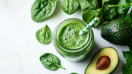 Preparing a green smoothie with spinach and avocado, a nutritious vegan detox drink for a healthy lifestyle. Packed with vitamins and raw ingredients, ideal for a balanced diet and weight loss
