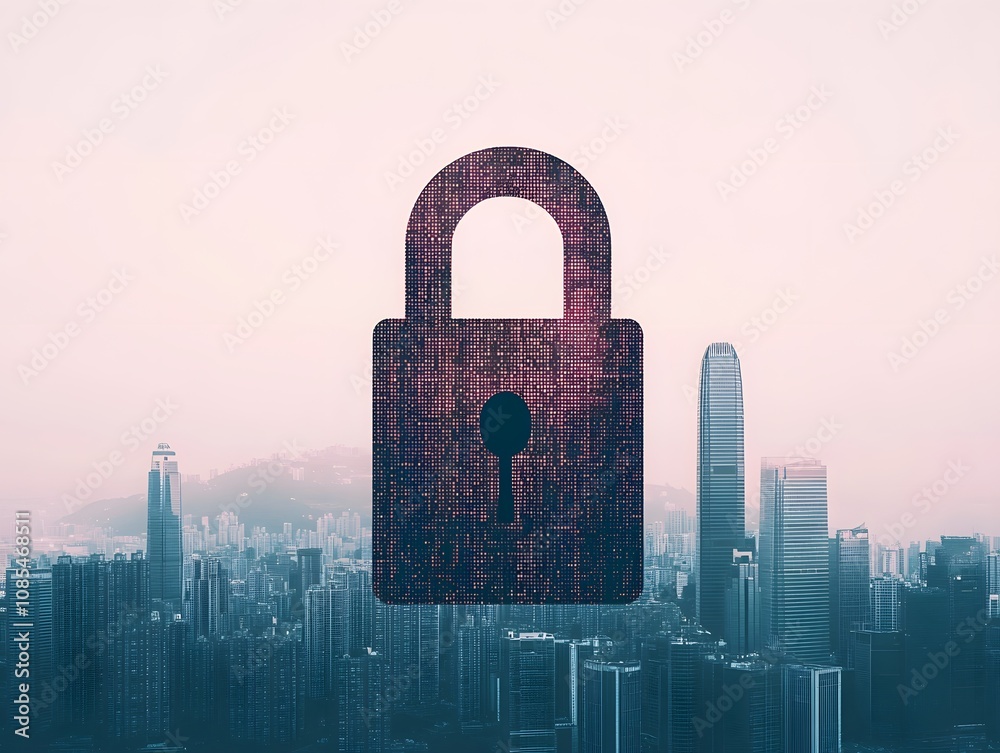 Poster Abstract digital padlock symbol superimposed on a city skyline, representing cybersecurity, protection, and data security in modern urban environments.