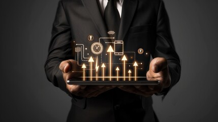 Naklejka premium Businessman Holding Tablet With Digital Growth Chart