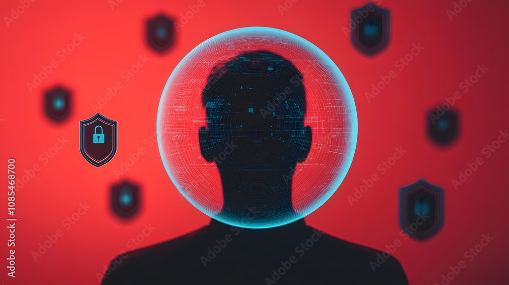 Poster silhouette of a person enclosed by cybersecurity elements, representing digital protection and advan