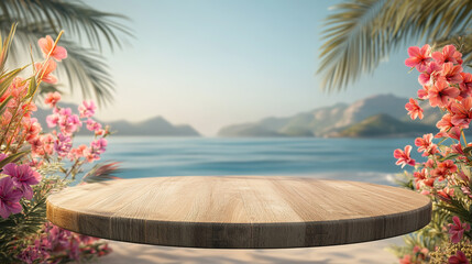 Fresh Wind Summer Seaside Wooden Circular Product Exhibition Stand Background