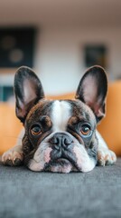 French bulldog relaxing on a couch at home with a cozy atmosphere, capturing a tranquil moment indoors