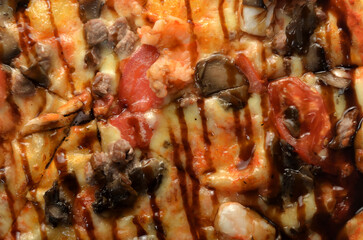 background of pizza with shrimp closeup