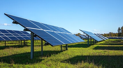 Solar panels harnessing energy in green field