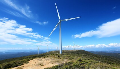 Wind turbines against a clear blue sky.