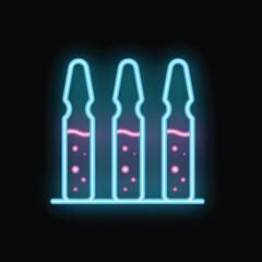 Neon medical icon representing three ampoules with liquid inside standing on a support