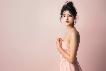 Fototapeta premium young woman in pink dress poses gracefully against soft pink background, exuding elegance and charm. Her hair is styled in loose updo, enhancing her delicate features.
