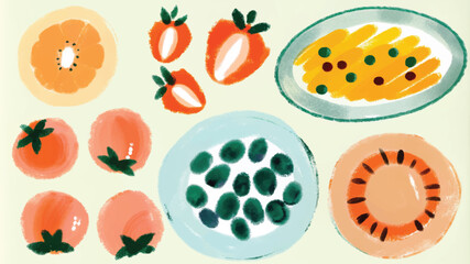 Watercolor illustration of fruit on a plate. Hand-drawn illustration.