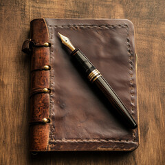 A classic fountain pen lying next to a closed leather journal