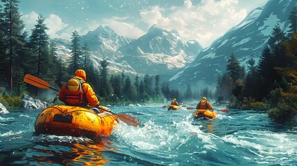 Group of friends navigating rapids in a river, full of excitement