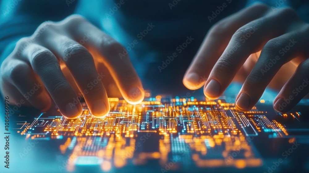 Poster close-up of hands interacting with a futuristic digital surface displaying circuit patterns, highlig