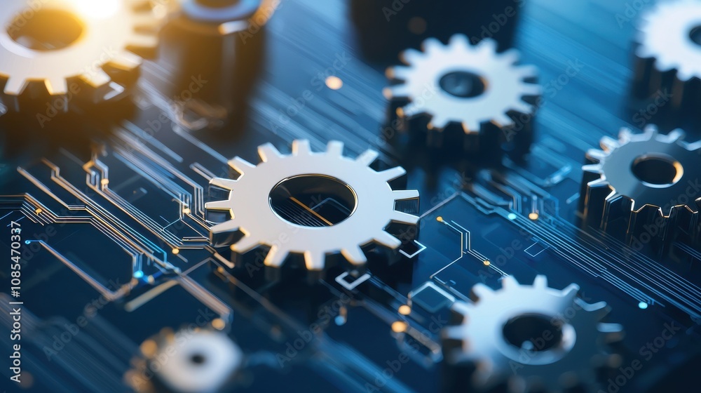 Poster intricate gears on a circuit board, symbolizing innovation and technology integration in modern engi