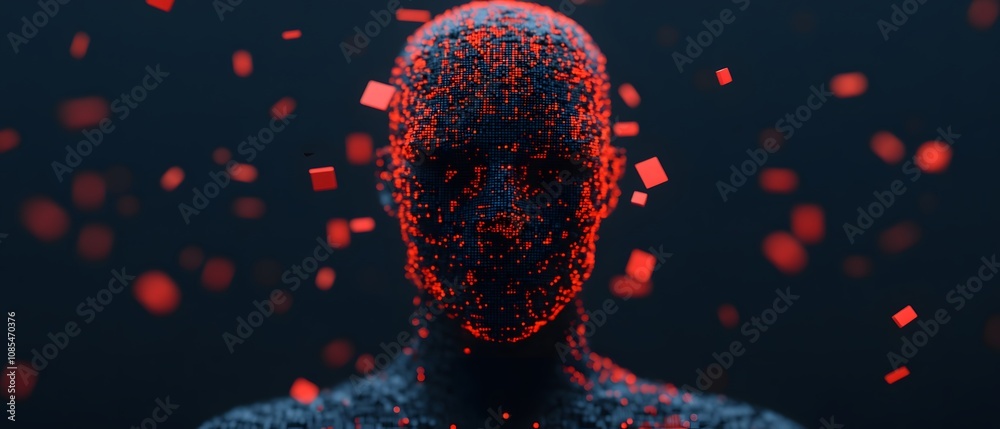 Poster Abstract representation of a human figure made of vibrant particles and squares, creating a dynamic interplay of colors against a dark background for modern art and technology themes