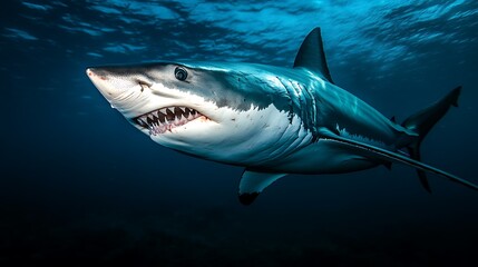 Obraz premium A great white shark swims in the ocean, its mouth open, revealing its sharp teeth.