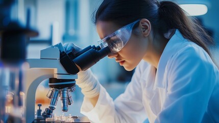 A female scientist in a white coat using a microscope at a lab, close-up side view. A young woman is working with a microscope and doing research for medical science. Close-up of the head of an