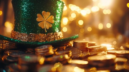 Sparkling Green Leprechaun Hat Overflowing with Gold Coins for St. Patricks Day Celebration