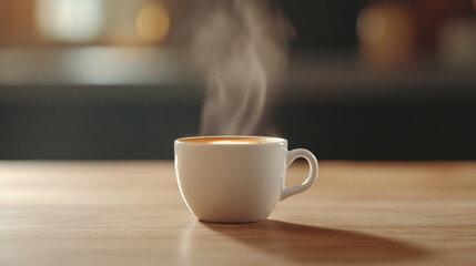 Fototapeta premium steaming cup of coffee on wooden table, evoking warmth and comfort. Perfect for cozy mornings or relaxing moments.