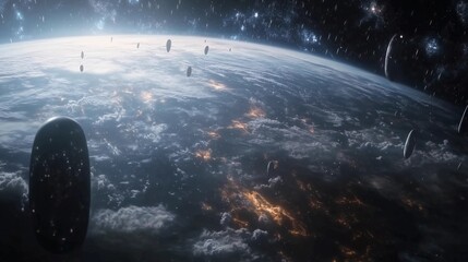 A cinematic still of an alien planet from the movie Interstellar, Earth seen in space with many dark blue ringed planets orbiting it and bright stars glowing above clouds, white rings of another world
