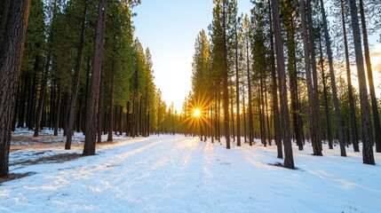 Serene Snowy Clearing Surrounded by Towering Trees