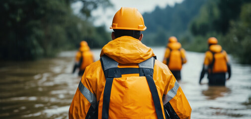 Rescue workers in yellow rain gear navigate through floodwaters, showcasing teamwork and determination in challenging conditions. Disaster Relief Efforts concept