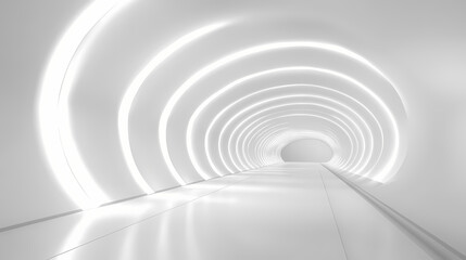 Fototapeta premium Futuristic white tunnel with glowing led lights along the walls, creating a sense of depth and infinite perspective, emphasizing modern technology and design. Infinite. Illustration