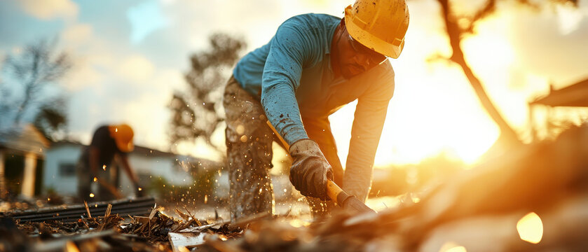 Workers cleaning debris after hurricane, focused on recovery efforts, showcasing determination and resilience in challenging environment. Disaster Relief Efforts concept