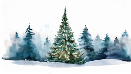 Naklejka premium Watercolor card with Christmas tree and winter forest on a white background. AI generated