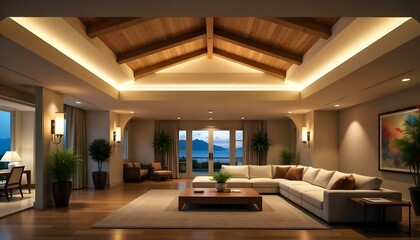 Fototapeta premium A luxurious and spacious living room with a high ceiling, wooden beams, and a large, plush sectional sofa.