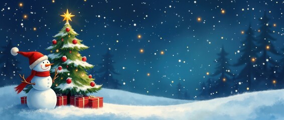 Snowman in Santa hat and glowing Christmas tree in snowy winter landscape, Christmas, holiday, celebration