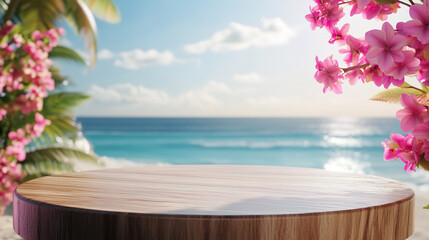 Fresh Wind Summer Seaside Wooden Circular Product Exhibition Stand Background