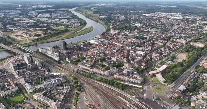 Aerial drone video of the city of Venlo, meuse river in the Netherlands.