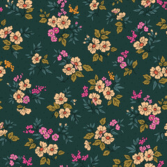 Elegant floral pattern in small hand draw flowers. Liberty style. Yellow and pink flowers. Floral seamless background for fashion prints. Vintage print. Seamless vector texture. Spring bouquet.