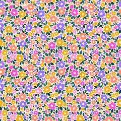 Vintage floral background. Floral pattern with yellow, lilac, pink and orange flowers on a white background. Seamless pattern for design and fashion prints. Ditsy style. Stock vector illustration.