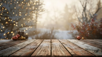 christmas background with wooden table and christmas decoration