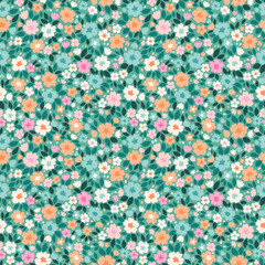 Cute floral background. Floral pattern with small pastel coral flowers on a blue background. Seamless pattern for design and fashion prints. Ditsy style. Stock vector illustration.