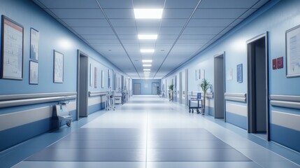 A clean, well-lit hospital corridor with medical equipment and plants.