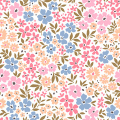 Seamless floral pattern. Cute bouquet of small pastel blue, coral and rose pink flowers and green leaves. Light flowers on white background in trendy fashion vintage style. Stock vector.