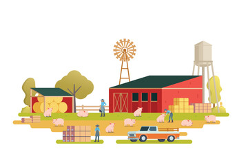 Farm scenery vector illustration on white background. Livestock animal farm landscape with farming elements © Lemonstocks