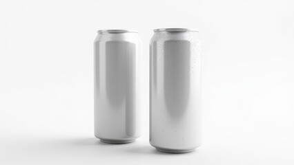 Realistic 3D soda can mockup featuring two aluminum cans side by side, one matte and one with condensation droplets, on a white background. Ideal for cold beverage branding.