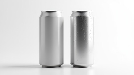 Refreshing soda can mockup showcasing two cans, one smooth and matte, the other covered in condensation, perfect for beverage design presentations.