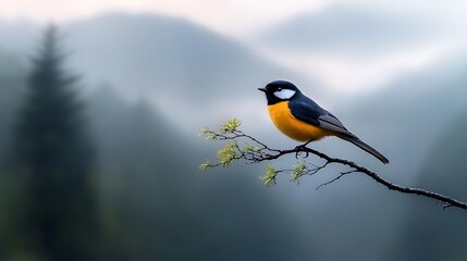 A bird perching on a thin branch high above a misty forest, showcasing confidence in its wings rather than relying on the fragile branch beneath; Ultra-Realistic, Photo Realistic, highly detailed, 
