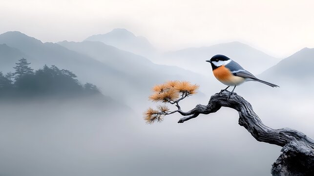 A bird calmly balanced on a slender twig, showing no fear of the branch breaking, with mist and distant mountains framing the scene; Ultra-Realistic, Photo Realistic, highly detailed, 