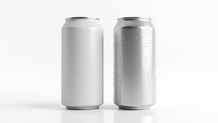 Realistic soda can mockup featuring two cans, matte and condensation-covered, with reflective metallic surfaces for cold beverage designs.