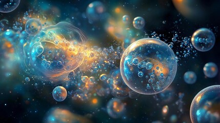 A surreal composition of floating bubbles with intricate patterns, set against an ethereal background that hints at the cosmos and space travel
