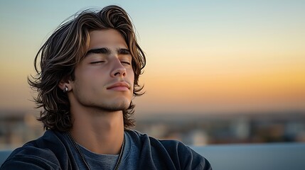 A close-up portrait of a thoughtful person with a calm expression, surrounded by a warm sunset, representing forgiveness and second chances, as if they are contemplating a fresh start, Ultra-Realistic